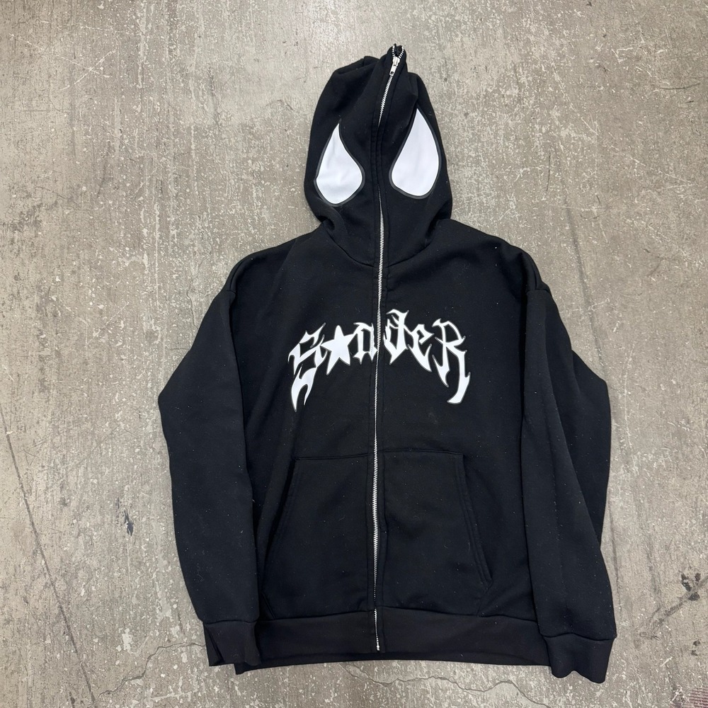 Spiderman Full Zip Hoodie Mens M Black Good Graphic Web Gothic Masked Sweatshirt